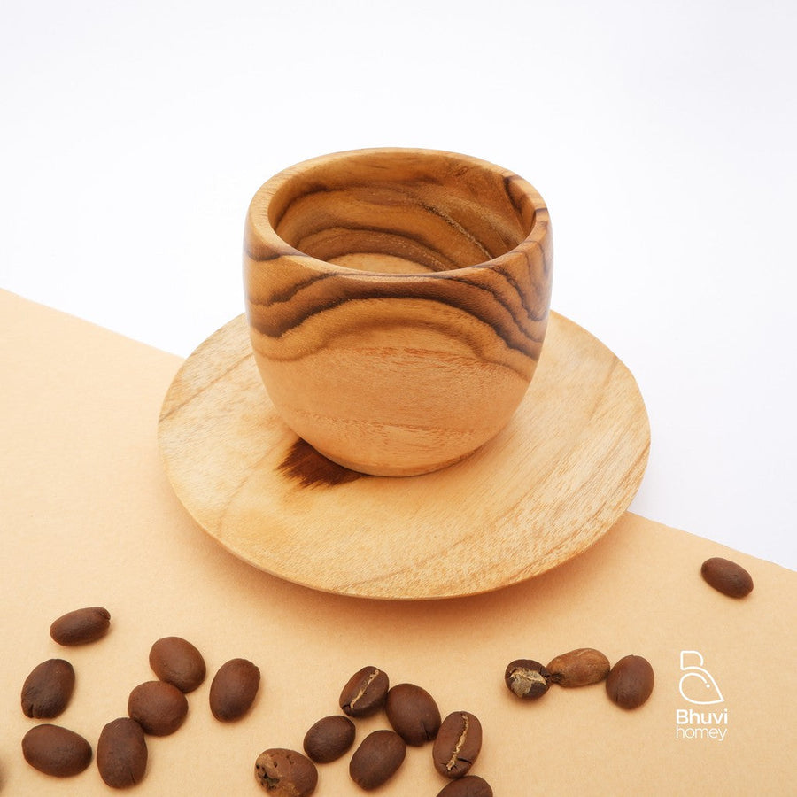 Set Cangkir + Coaster Kayu Jati Natural AESTETIK - gambar 1