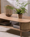Coffee Table Meja Tamu Gina Ujung Bulat Kayu Jati Kombinasi Rotan