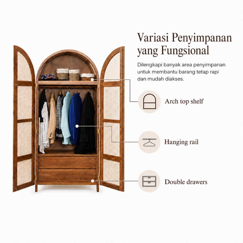 Kagumi - Ajeg - Lemari Pakaian 2 Pintu Model Swing Eiko Lengkung / Lemari Kayu Ayun Tarik dan Dorong - gambar 5