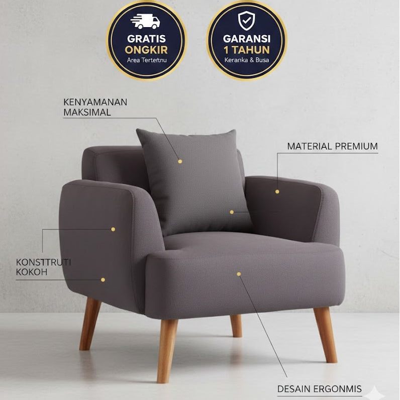 Kinami - Ajeg - Sofa 1 Seater Minimalis Kanaba Tahan Air Water Repellent / Sofa 1 Dudukan / Kursi Empuk Ruang Tamu Aesthetic - gambar 2