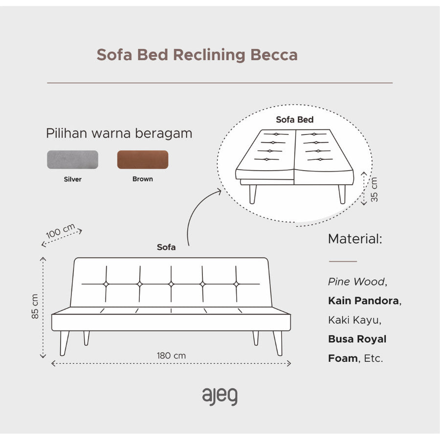Kinami - Ajeg - Sofa Bed Becca Reclining Minimalis / Sofa Santai Selonjoran Untuk 3 Orang - gambar 4