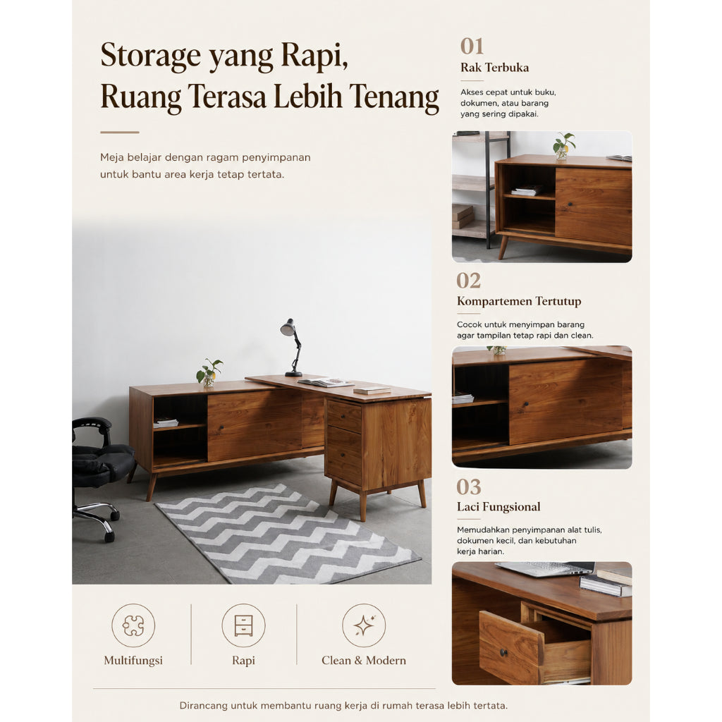 Kagumi - Ajeg - Meja Kerja Sudut 1 Biro Taka / Meja Belajar Untuk Anak Sekolah dan Mahasiswa / Meja Kerja Laptop Minimalis - gambar 6