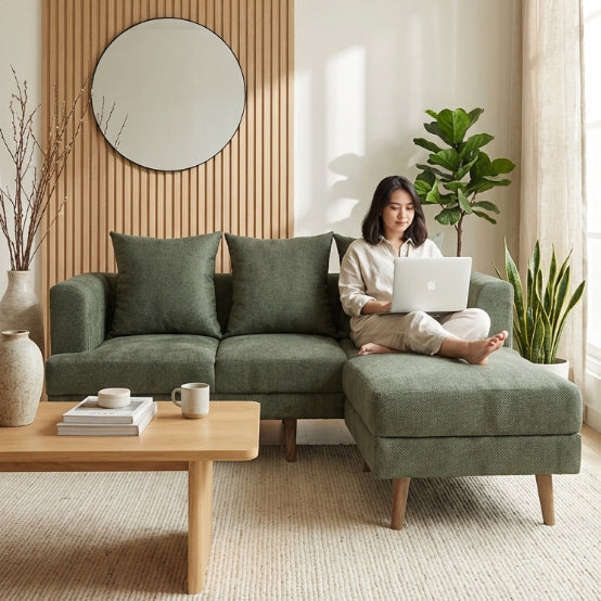 Kinami - Ajeg - Sofa 3 Seater Sudut Spica Anti Cakar / Sofa Untuk 3 Orang Gaya Japandi Minimalis Modern Empuk dan Santai - gambar 4