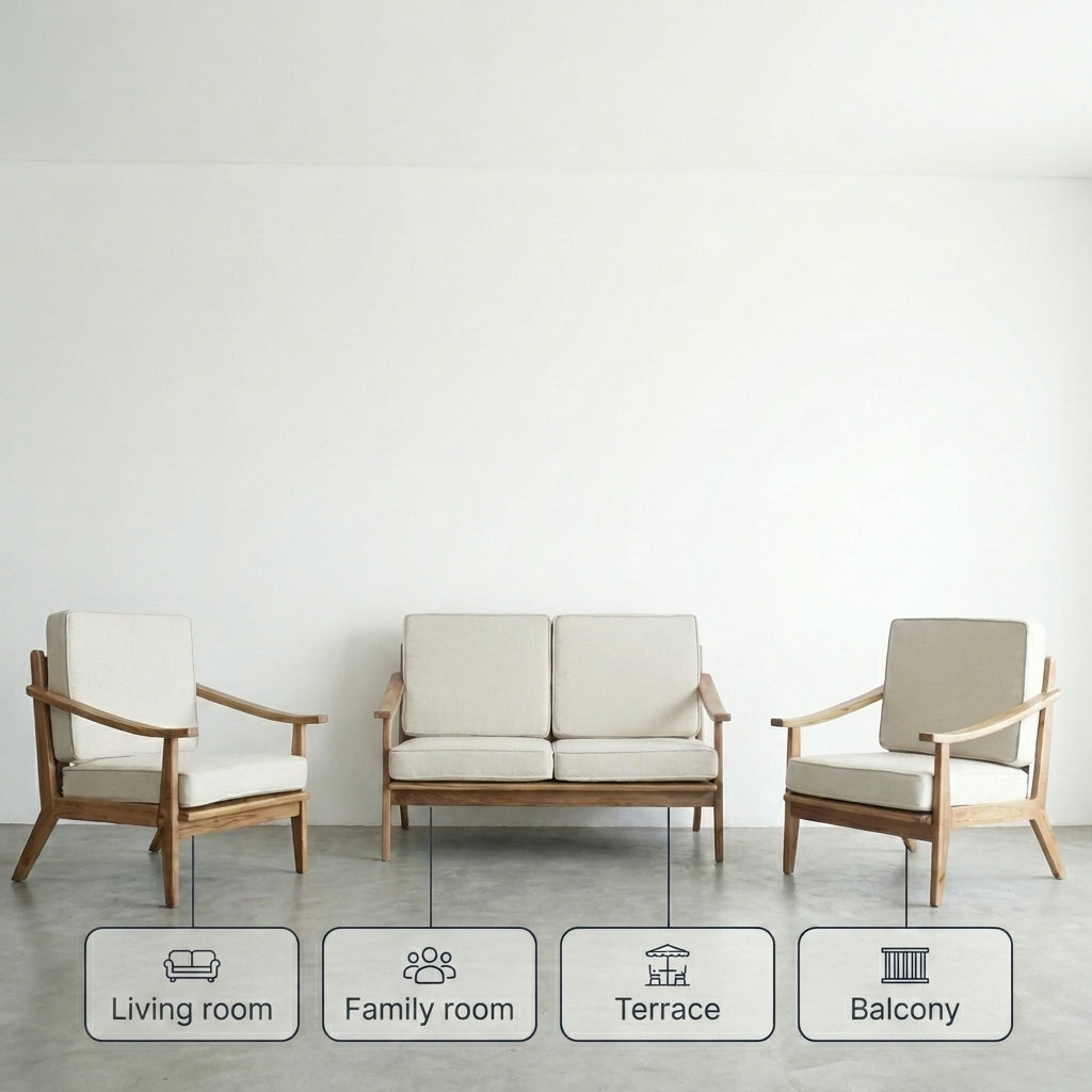 Kagumi - Ajeg - Kursi Teras Kurata 2-1-1 Seater Desain Retro / Kursi Set Kayu Dudukan Empuk Untuk Ruang Tamu Minimalis - gambar 5