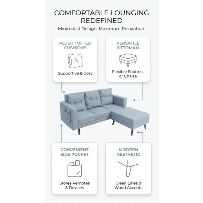 Kinami - Ajeg - Sofa 3 Seater Sudut Chio / Sofa Untuk 3 Orang Desain Modern Minimalis / Sofa Sudut 3 Dudukan Full Busa Untuk Selonjoran - gambar 5