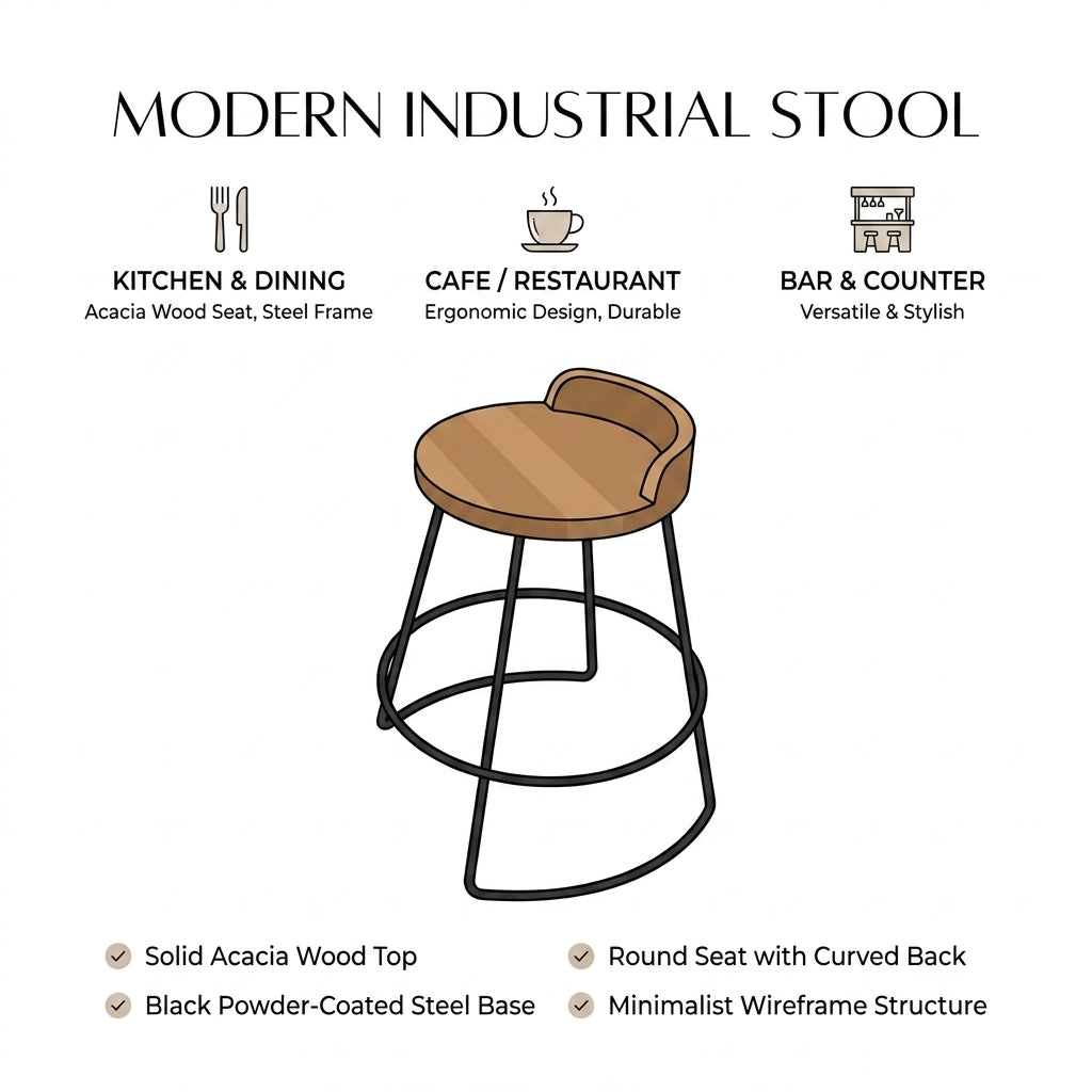 Kagumi - Ajeg - Kursi Bar Rangka Besi Dudukan Full Jati Untuk Cafe / Bangku Minimalis / Stoolbar Untuk Bar Cafe dan Restoran - gambar 2