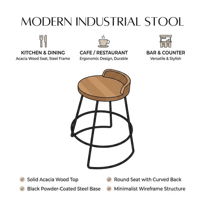Kagumi - Ajeg - Kursi Bar Rangka Besi Dudukan Full Jati Untuk Cafe / Bangku Minimalis / Stoolbar Untuk Bar Cafe dan Restoran - gambar 2