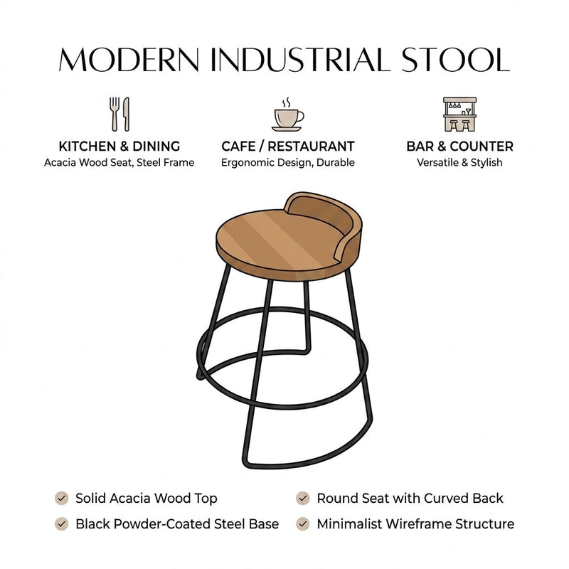 Kagumi - Ajeg - Kursi Bar Rangka Besi Dudukan Full Jati Untuk Cafe / Bangku Minimalis / Stoolbar Untuk Bar Cafe dan Restoran - gambar 2